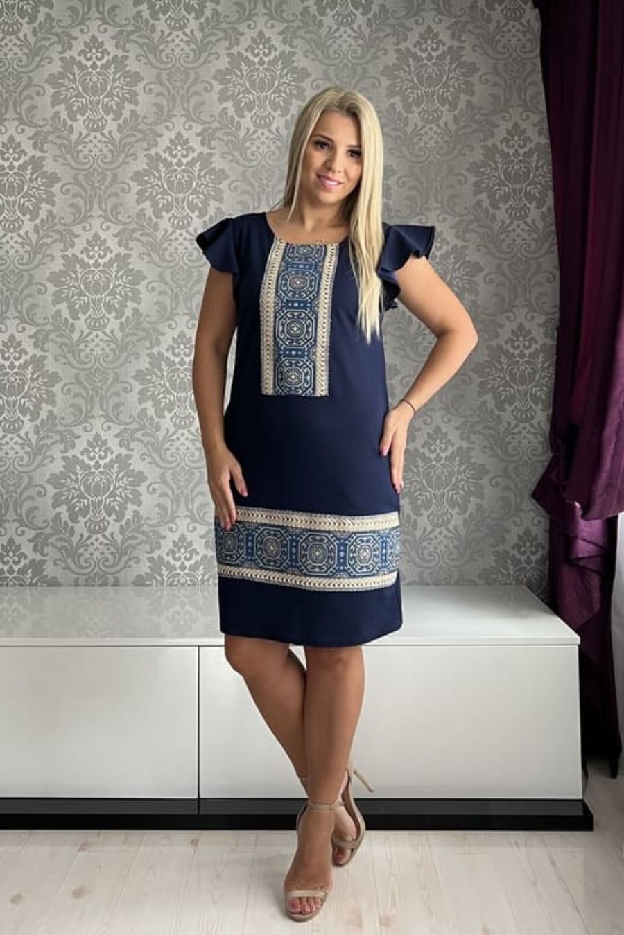 Rochie Sandra aripioara brau albastru bleumarin