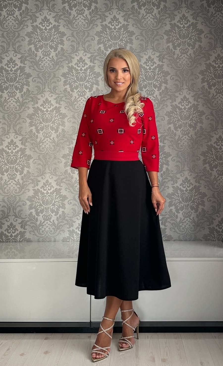 Rochie Erica romb rosu crep negru